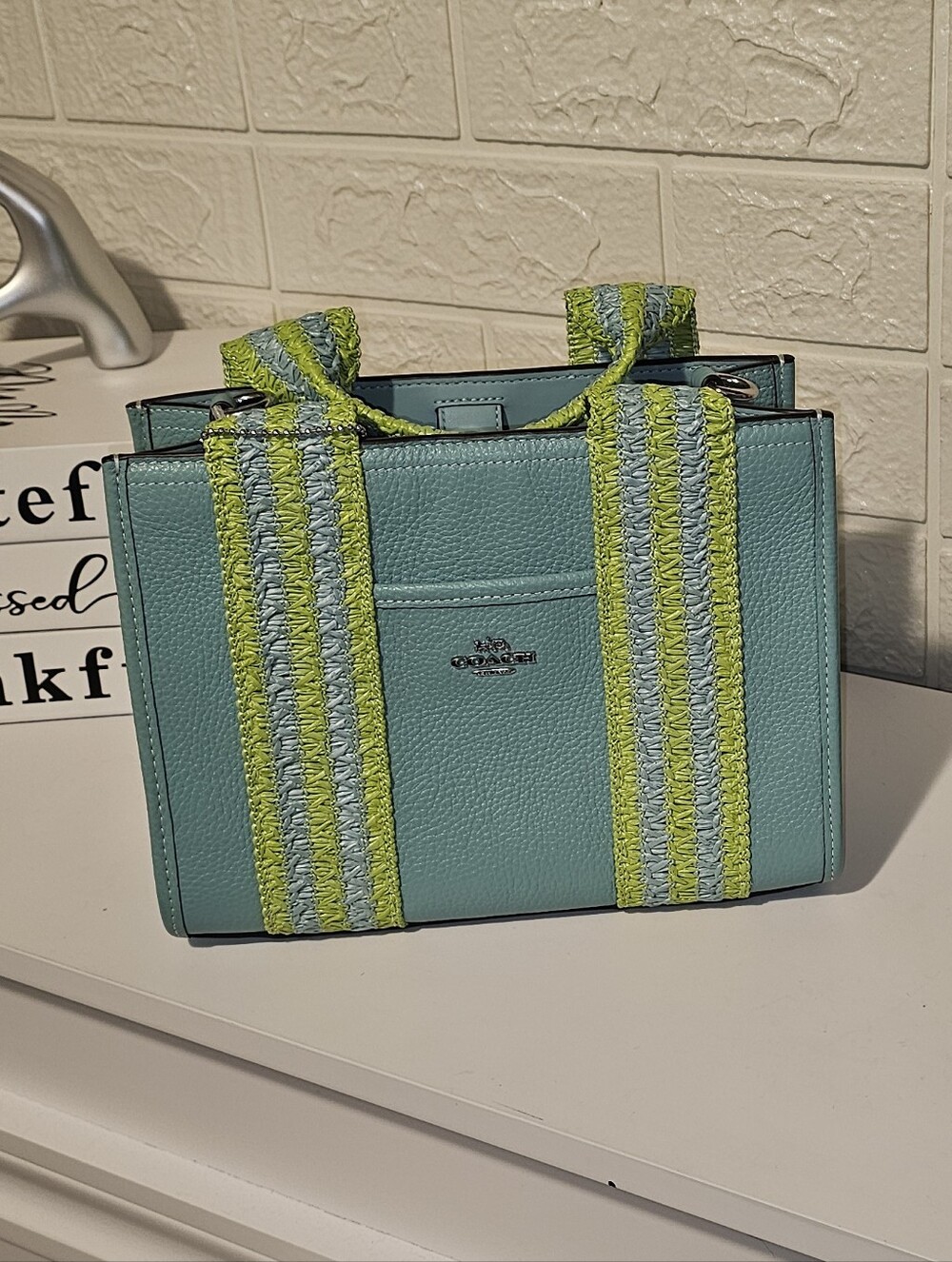 Coach Aqua Leather Tote with Lime-Strap Accents